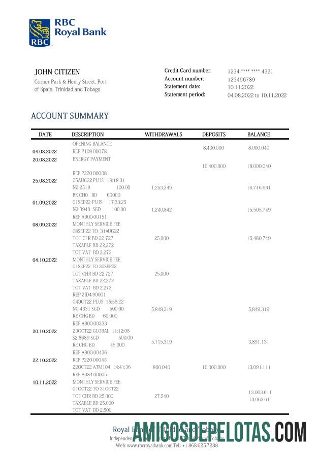 Modelo de extrato do Royal Bank